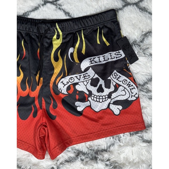 ED HARDY Love Kills Slowly Fire Skull Tattoo Mesh Shorts Black Mens XL *NEW* $65 - Picture 2 of 6